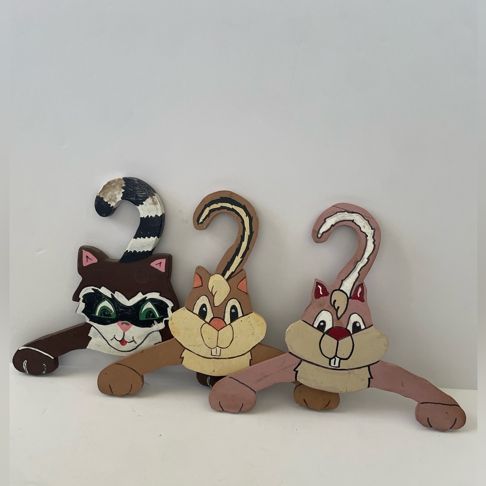 Vintage Kids Children Animal Clothes Hangers Wooden Set Of 3